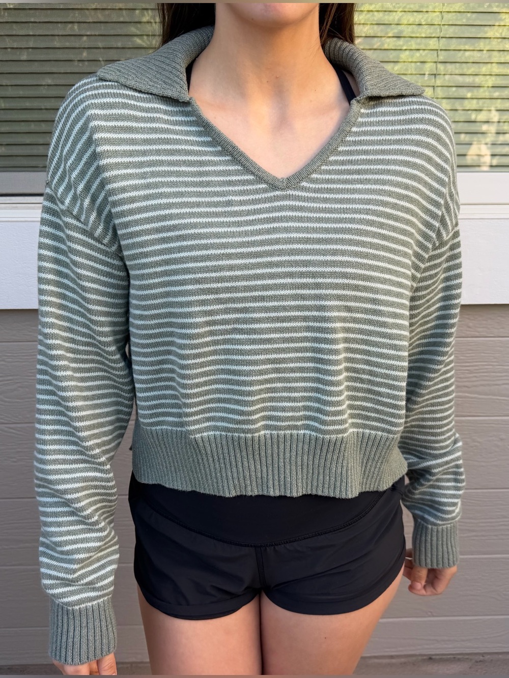 Striped V-Neck Collared Sweater - Sage/White